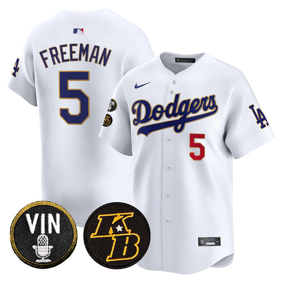 Men's White Los Angeles Dodgers #5 Freddie Freeman 2026 Vin & Kobe Patch Gold Trim Vapor Premier Limited Stitched Baseball Jersey